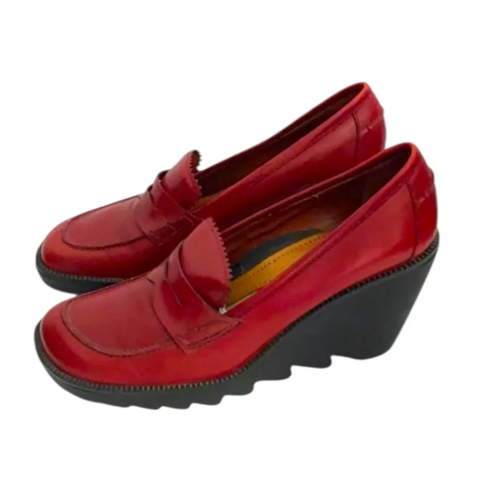 Authentic Donald J. Pliner designer red leather wedge loafers Sz 7.5